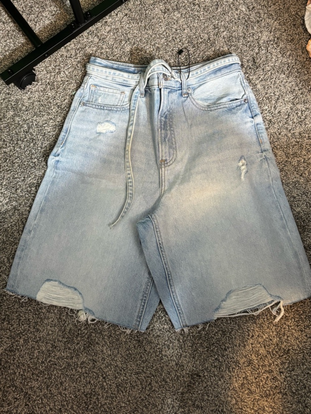 Express Light Blue Denim Shorts with White Logo Patch
